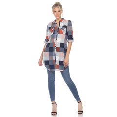 Women's Plaid Button Down Tunic Top