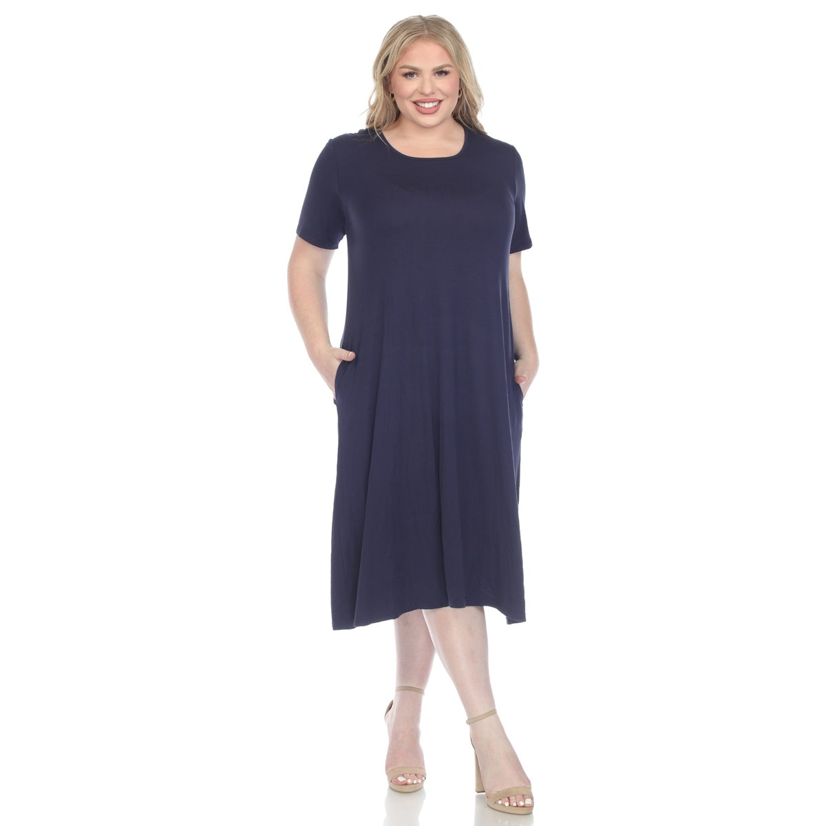  White Mark Plus Size Short Sleeve Pocket Swing Midi Dress - 3X - Bonton