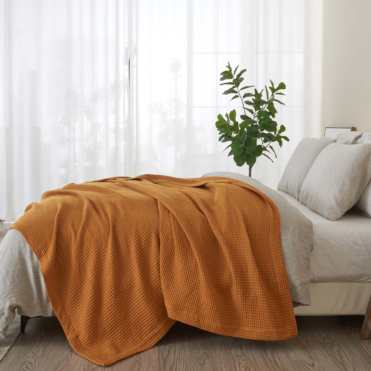  Patina Vie Maison Patina Vie Maison 100% Cotton All-Season Waffle Weave Knit Throw Blanket - Full / Queen - Bonton