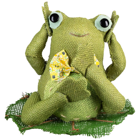 Sitting and Smiling Frog With Bowtie Spring Decoration - 7.5" - Green and Yellow