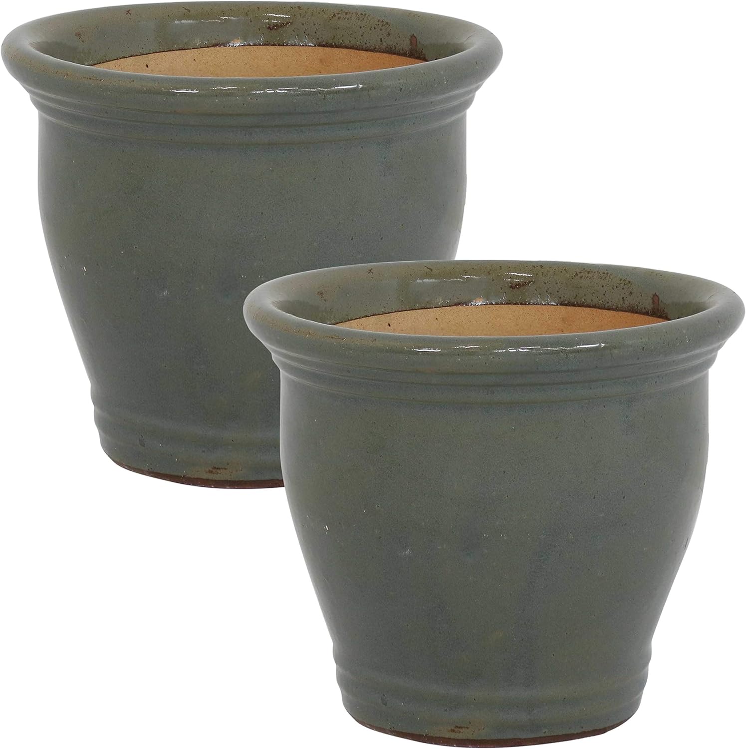  Sunnydaze Decor Studio UV and Frost-Resistant Ceramic Planter with Drainage Holes Set of 2 - Forest Lake Green - Bonton