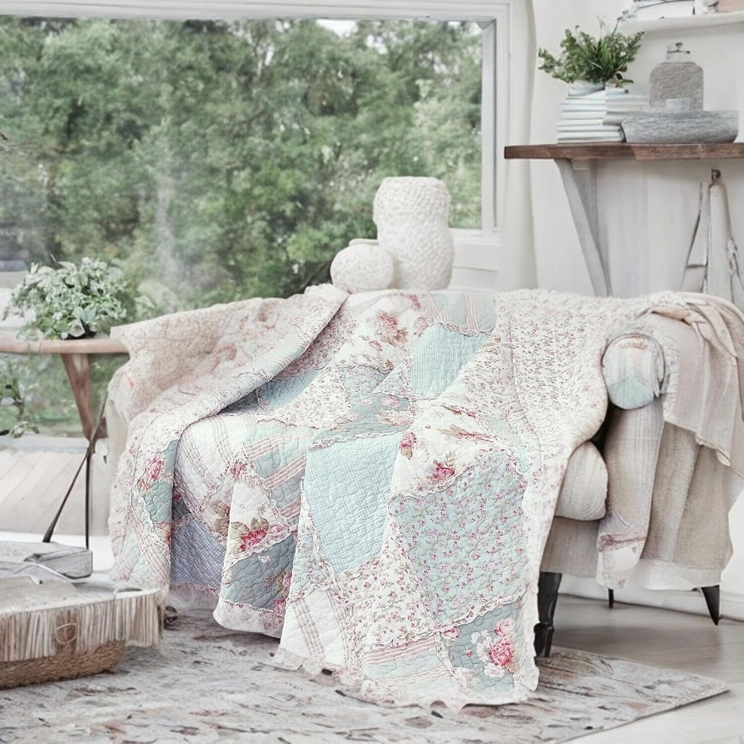  DaDa Bedding Collection DaDa Bedding Cotton Cottage Floral Patchwork Quilted Throw Blanket - Reversible Hint of Mint - Ruffle Pastel Light Pink Blue/Green - 50 x 60 by DaDa Bedding Collection - Default Title - Bonton