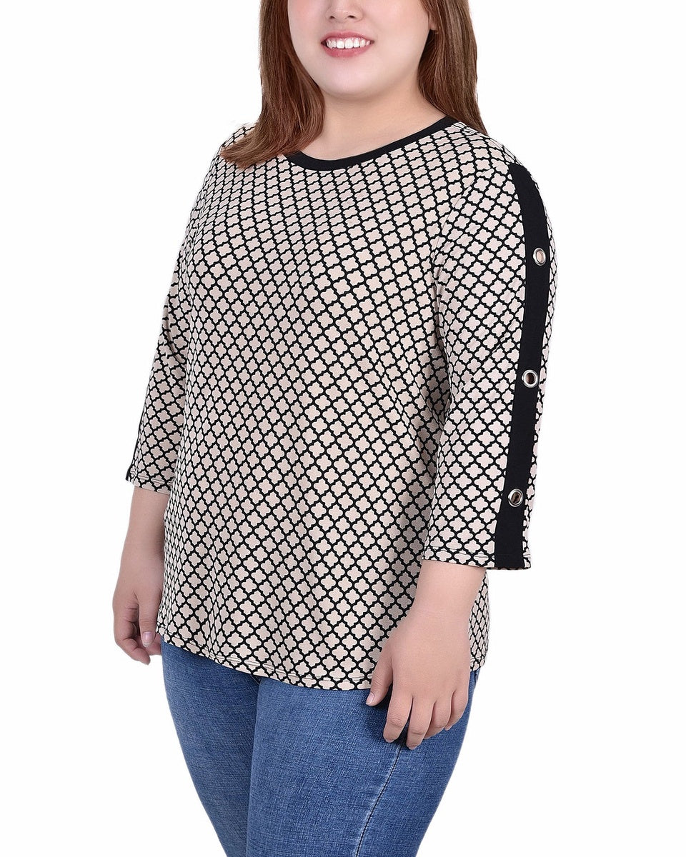  NY Collection Plus Size 3/4 Sleeve Top With Combo Bands and Grommets - Doeskin Quatrefoil - Bonton