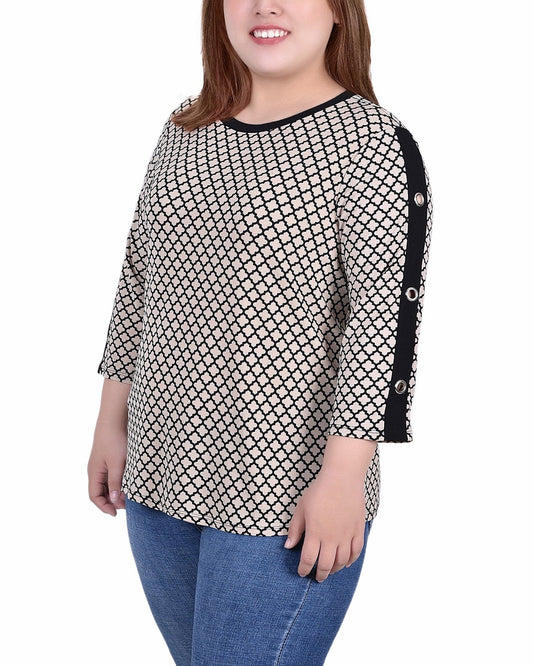 Plus Size 3/4 Sleeve Top With Combo Bands and Grommets