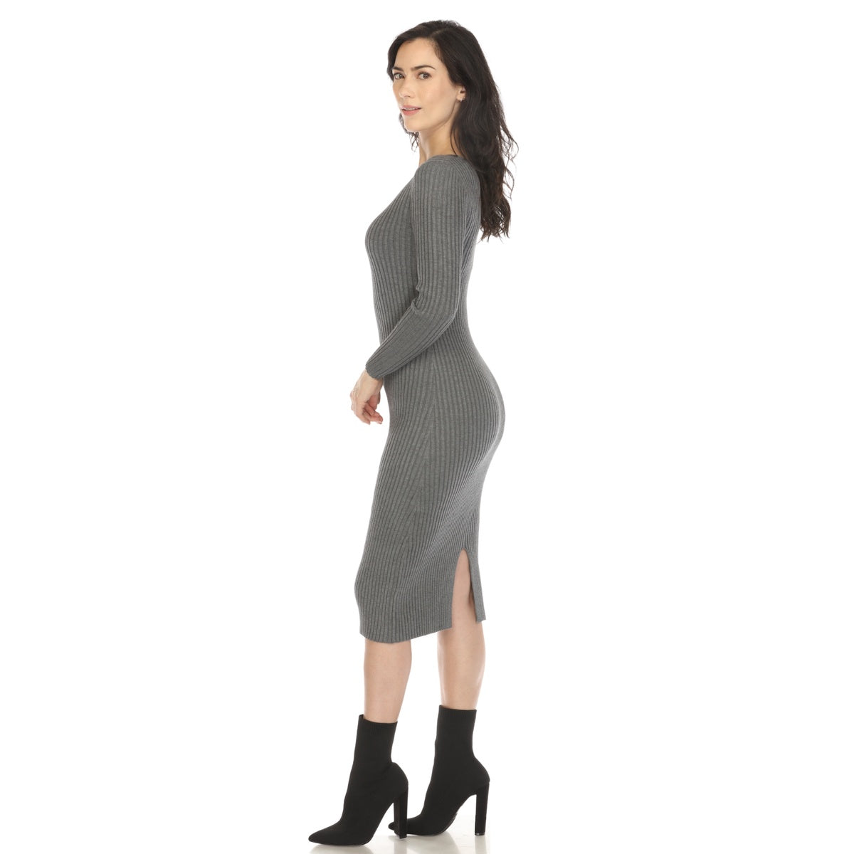  White Mark Women's Long Sleeve Rib Midi Sweater Dress - Small - Bonton