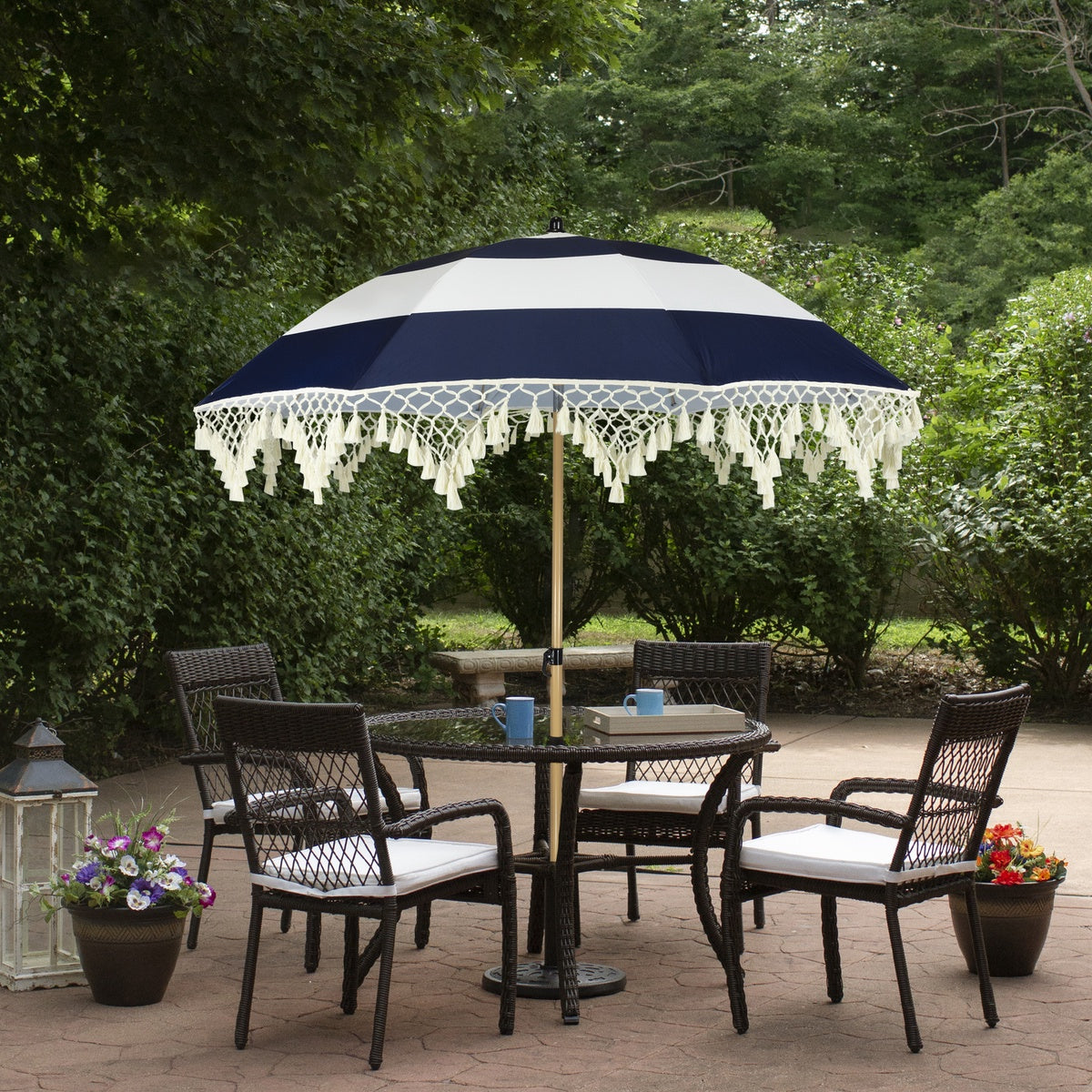  Northlight Striped Outdoor Tilting Beach Market Umbrella - 6.5' - Blue and White - Blue and White - Bonton