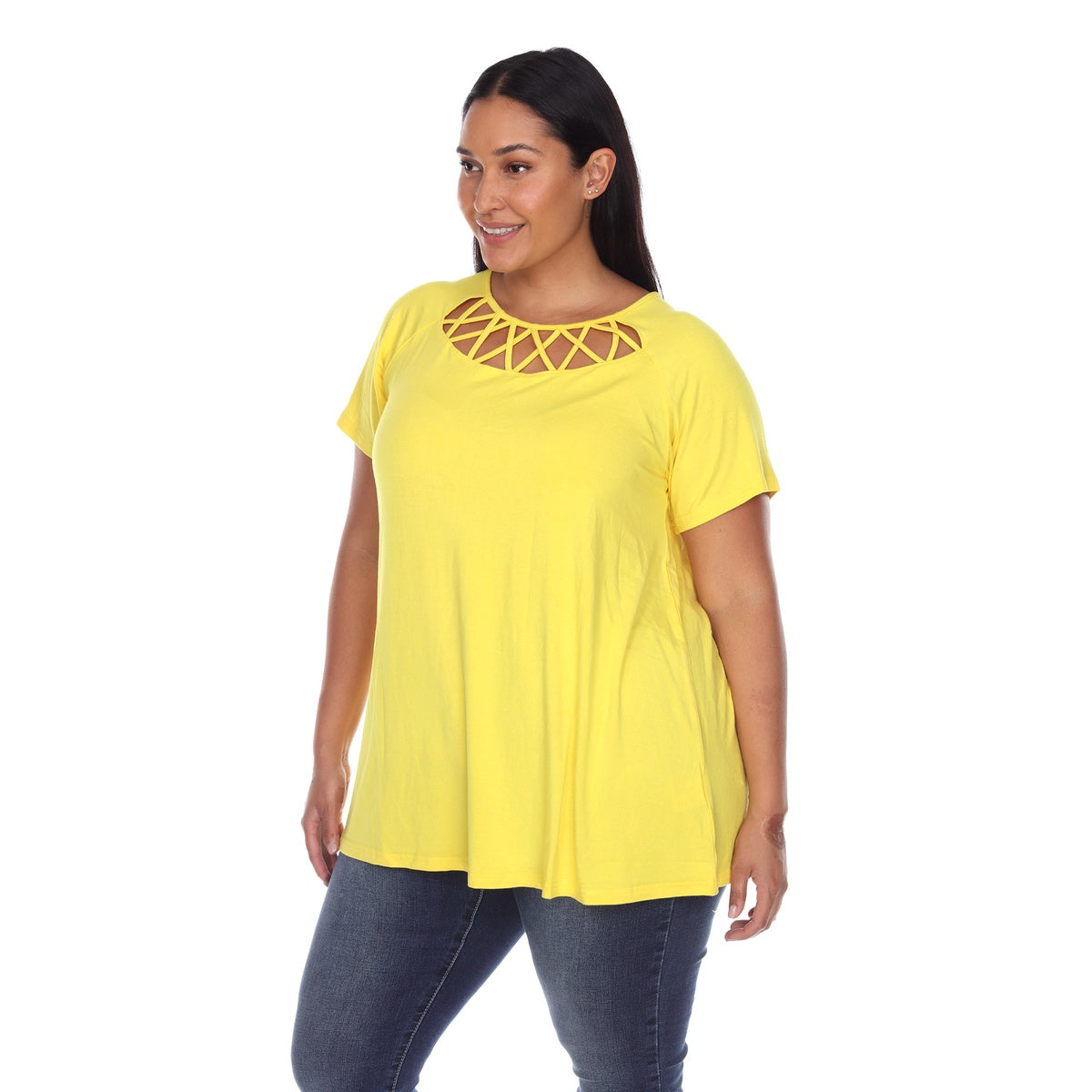  White Mark Plus Size Crisscross Cutout Short Sleeve Top - 1X - Bonton