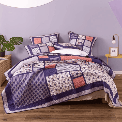 DaDa Bedding Peachy Pink Floral Blossoms Plum Purple Patchwork Quilted Bedspread Set - Designed in USA (JHW877) by DaDa Bedding Collection