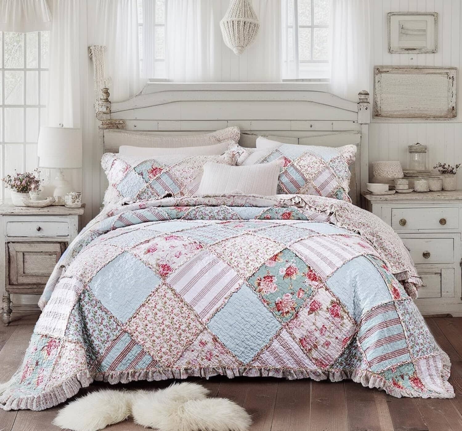 DaDa Bedding Collection DaDa Bedding Hint of Mint Floral Pastel Cotton Patchwork Ruffle Bedspread Set (JHW-3036) by DaDa Bedding Collection - King - Bonton