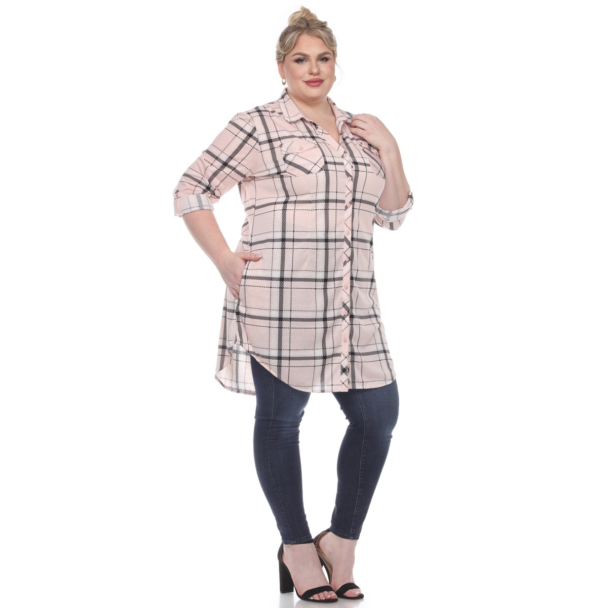  White Mark Plus Size Plaid Tunic Top - 1X - Bonton