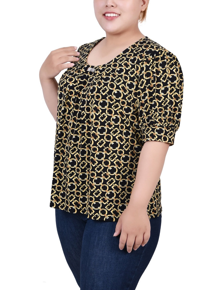  NY Collection Plus Size Short Sleeve Balloon Sleeve Top With Hardware - Black Taupe Zebra - Bonton