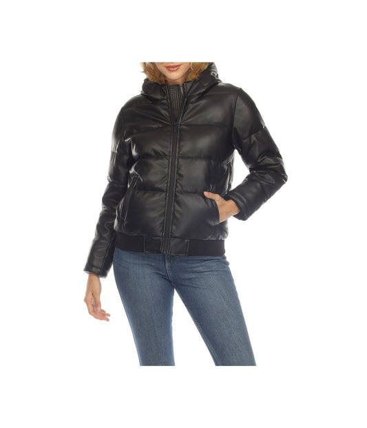 Women's Removable Fur Hoodie Bomber Leather Jacket Black