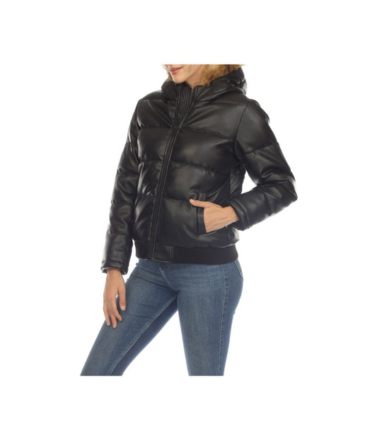 Women's Removable Fur Hoodie Bomber Leather Jacket Black