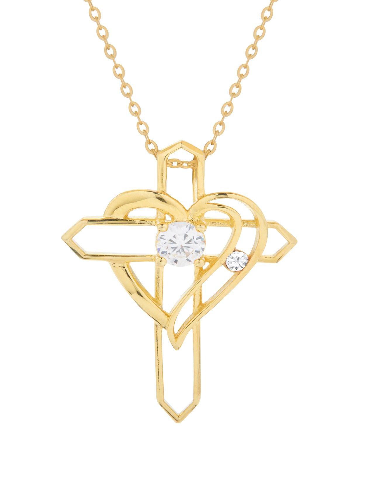  Relativity Gold Plated Heart Cross w/ Birthstone Necklace - Clear - Bonton