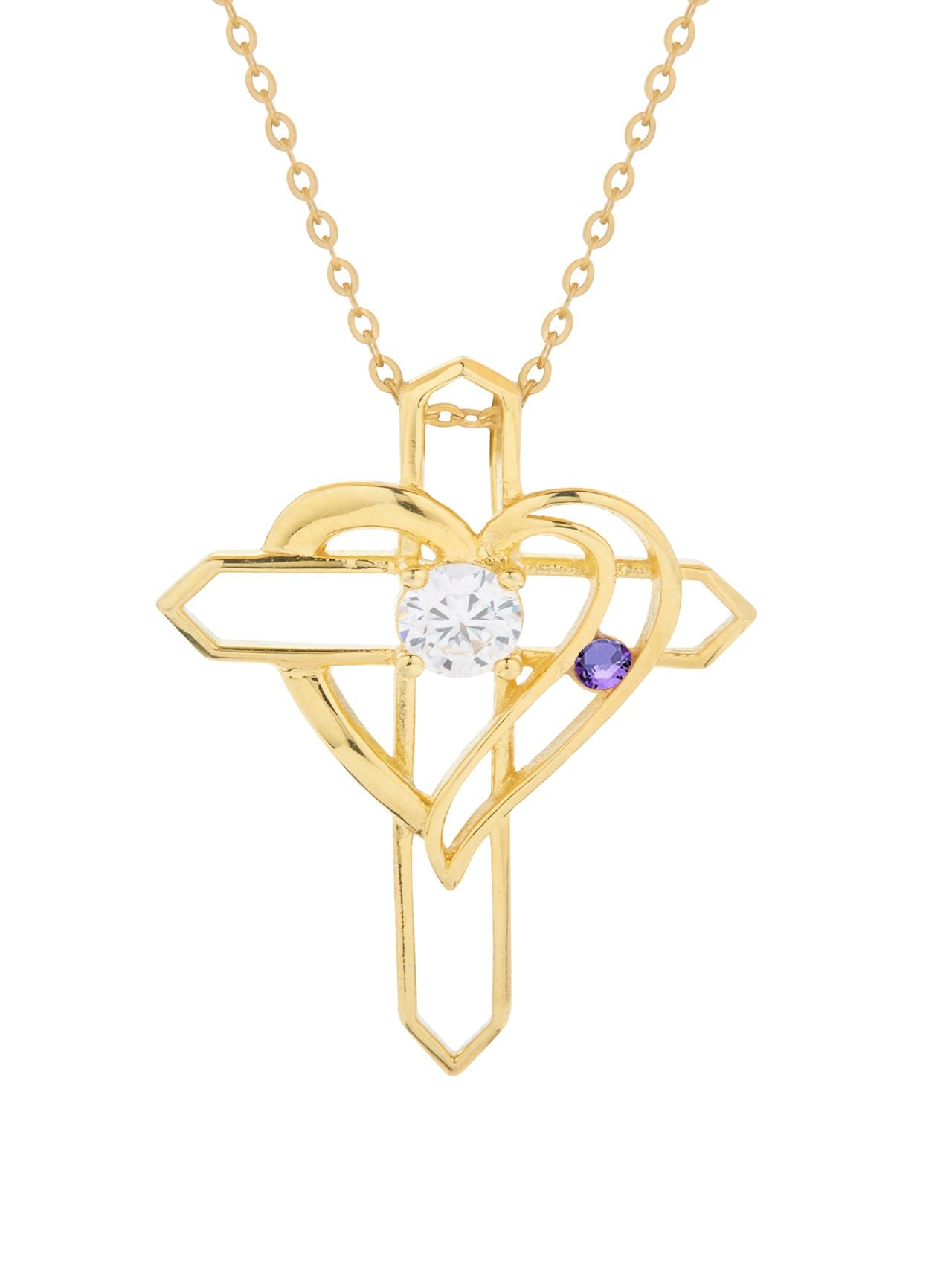  Relativity Gold Plated Heart Cross w/ Birthstone Necklace - Purple - Bonton