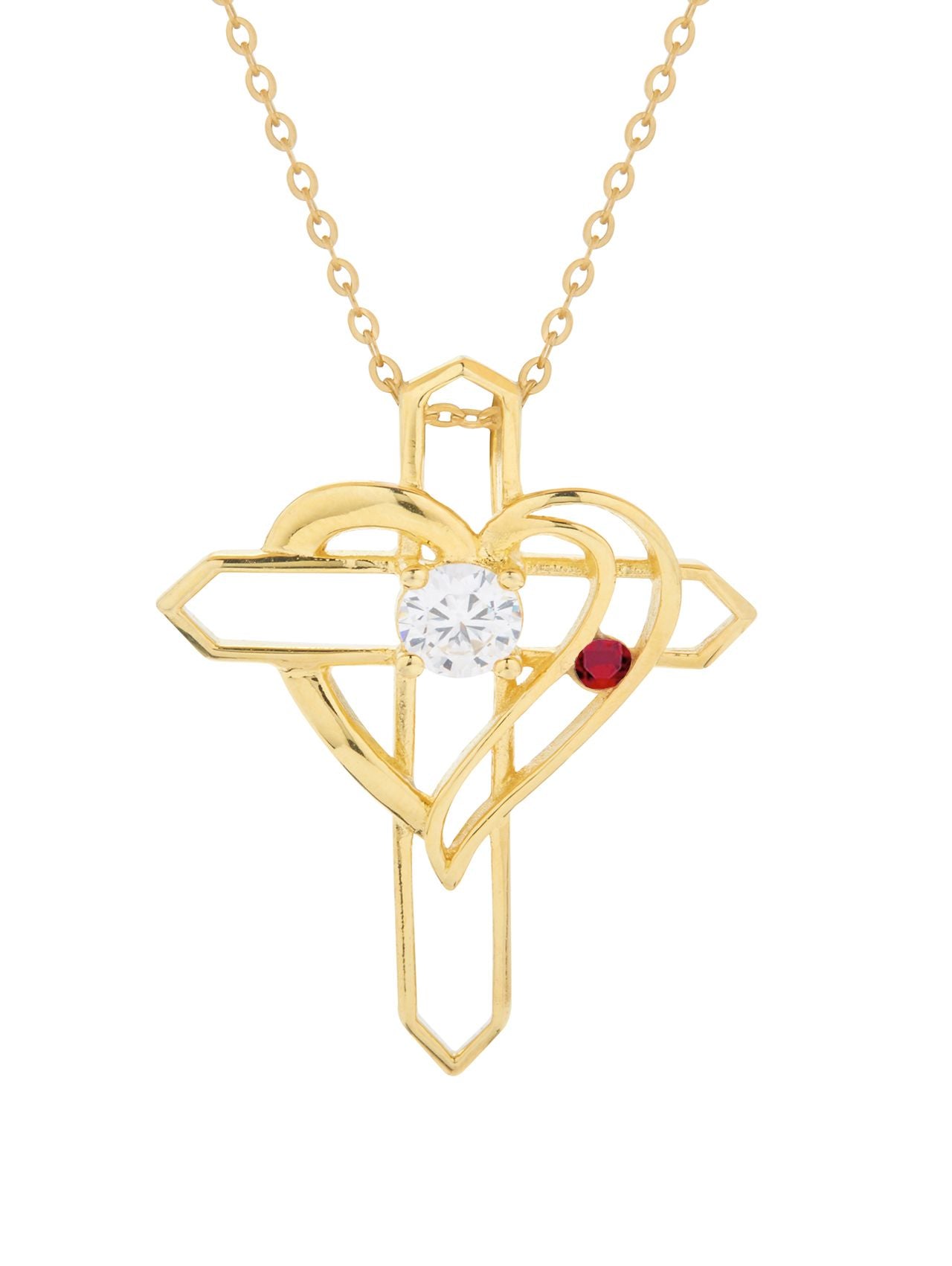  Relativity Gold Plated Heart Cross w/ Birthstone Necklace - Red - Bonton