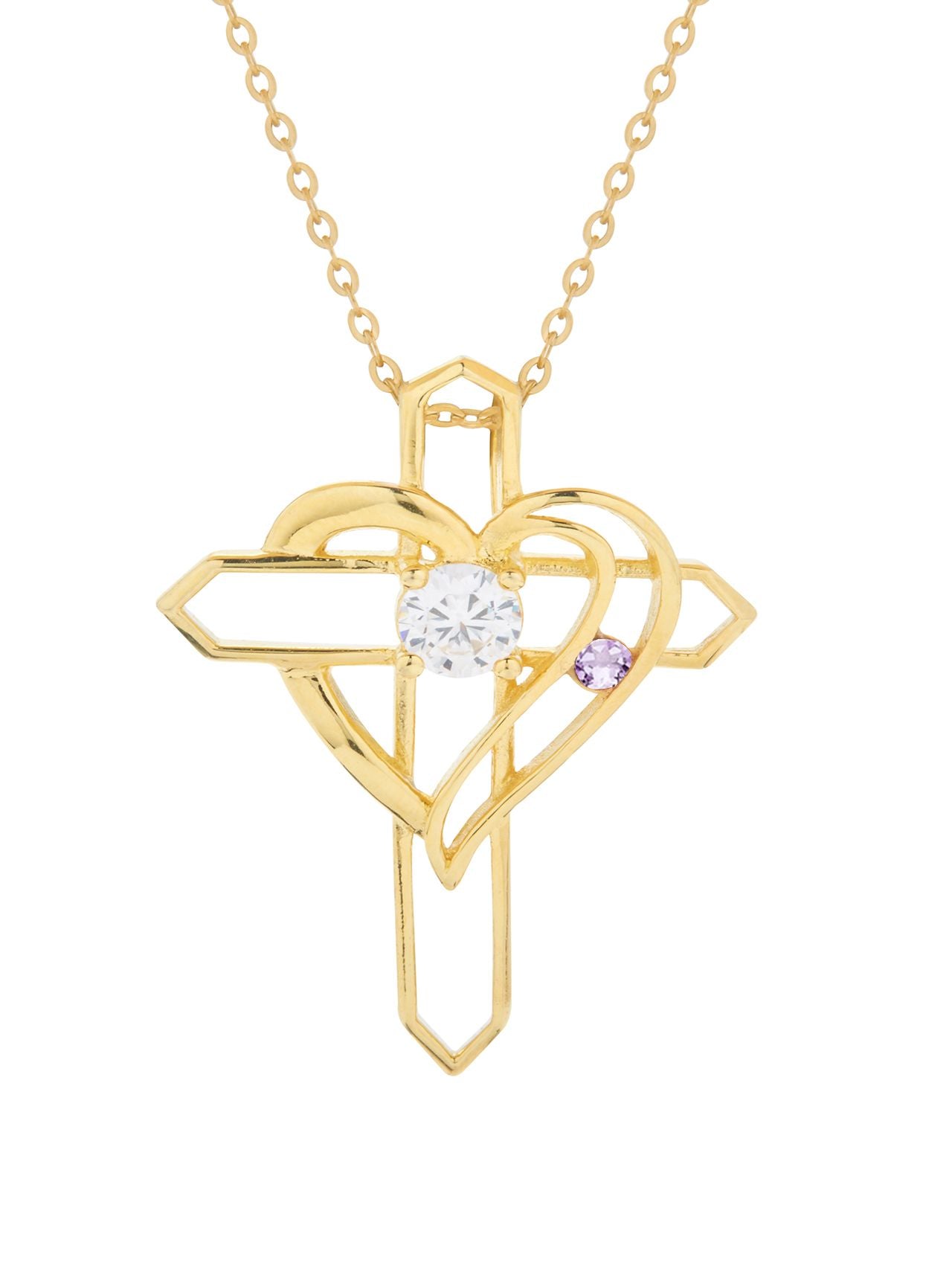  Relativity Gold Plated Heart Cross w/ Birthstone Necklace - Violet - Bonton