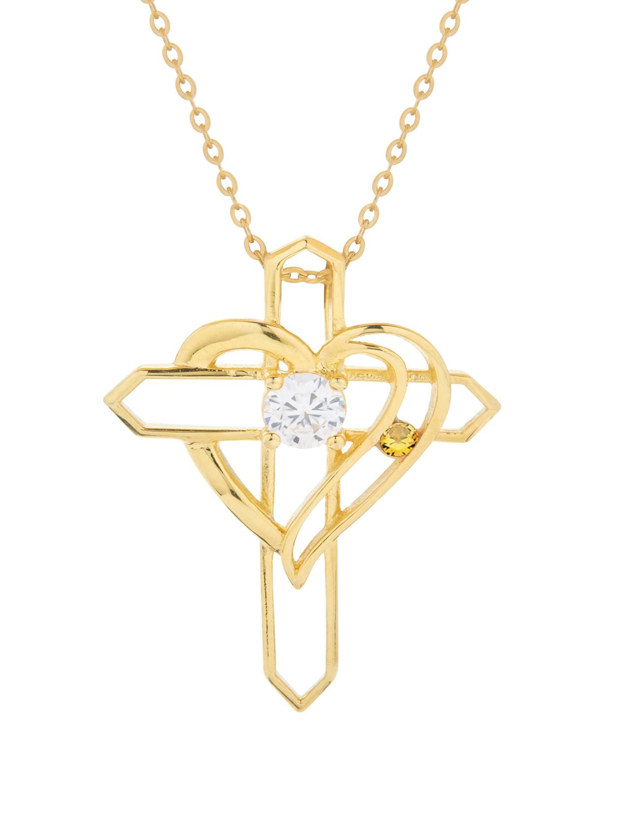  Relativity Gold Plated Heart Cross w/ Birthstone Necklace - Yellow - Bonton