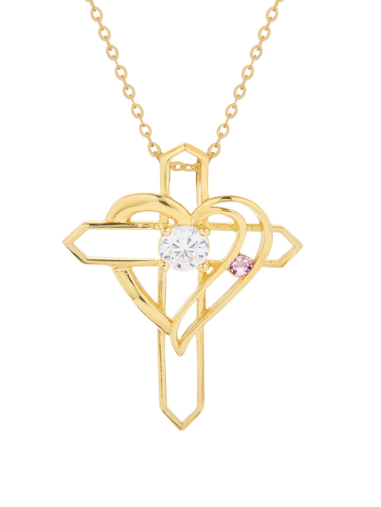  Relativity Gold Plated Heart Cross w/ Birthstone Necklace - Opal - Bonton