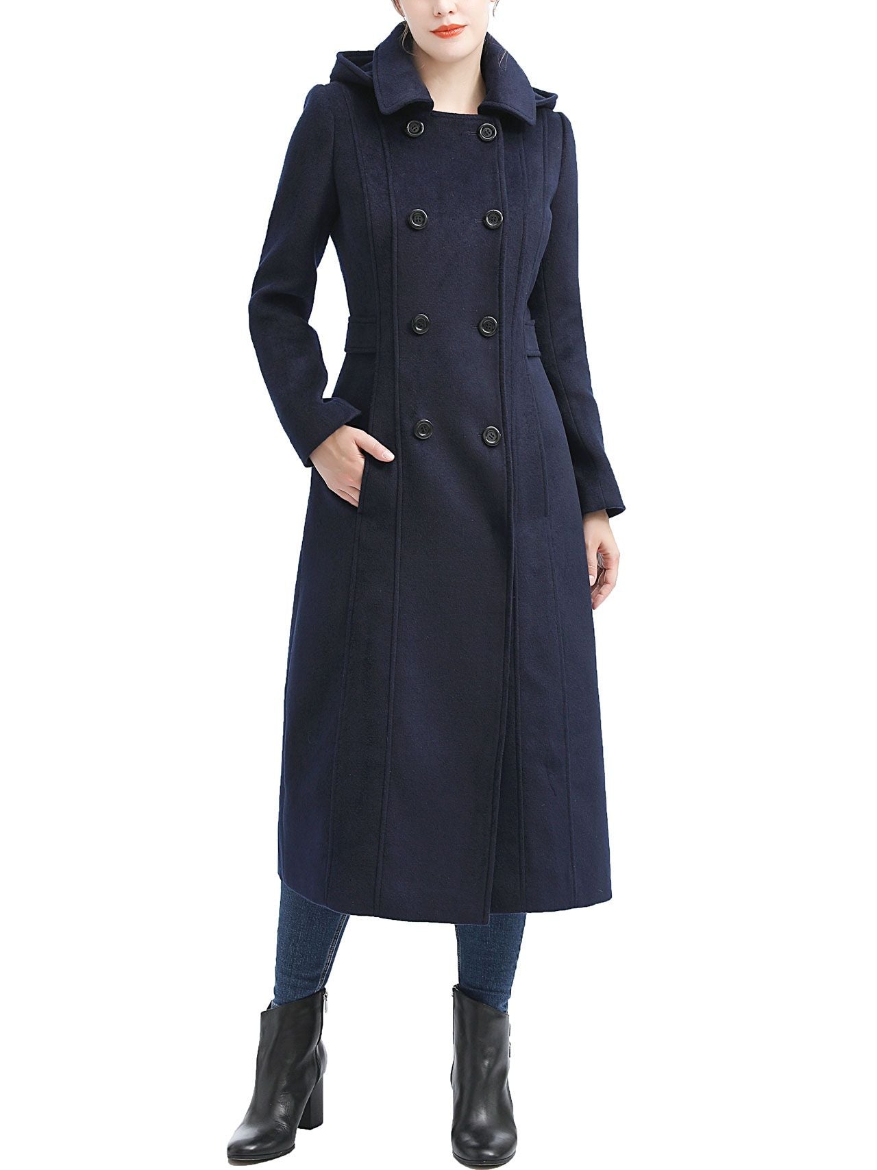  BGSD Women's Lea Hooded Full Length Long Wool Coat - Navy - Bonton