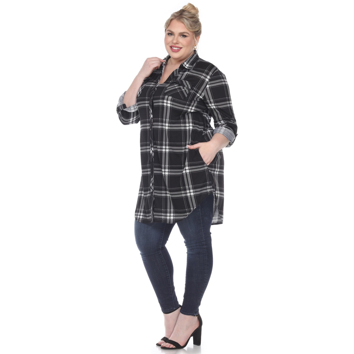  White Mark Plus Size Plaid Tunic Top - 1X - Bonton