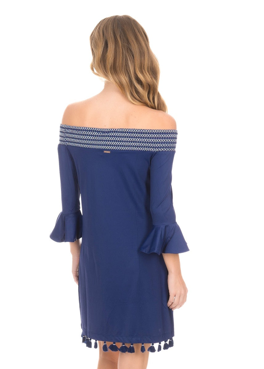  Cabana Life Navy Embroidered Off the Shoulder Dress - XS - Bonton