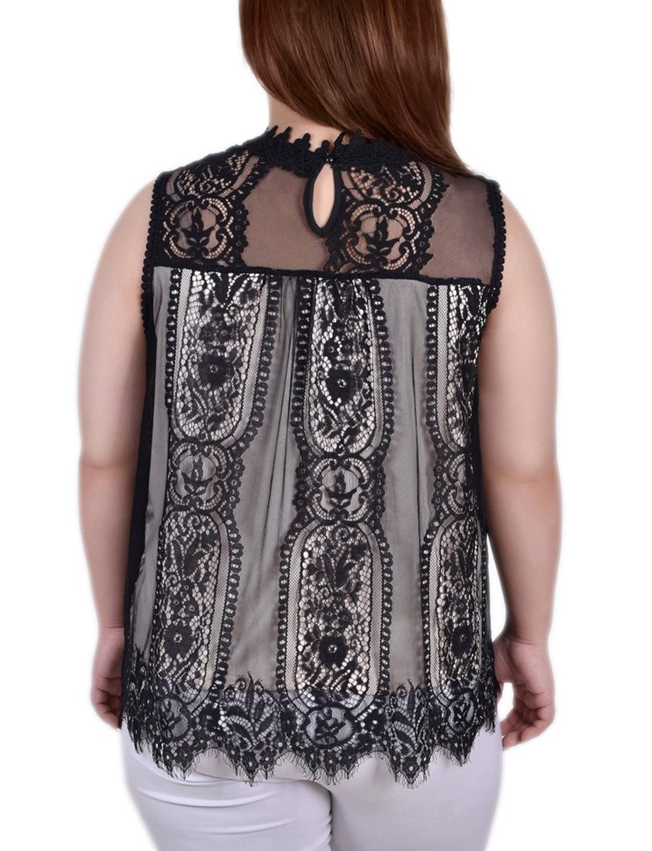  NY Collection Plus Size Sleeveless Mock Neck Lace Top - Black Nude - Bonton