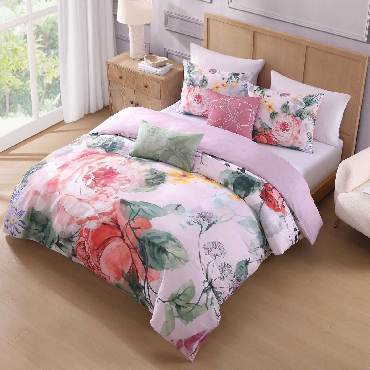  Bebejan Cool Pink Roses 5 Piece Reversible Comforter Set - King - Bonton