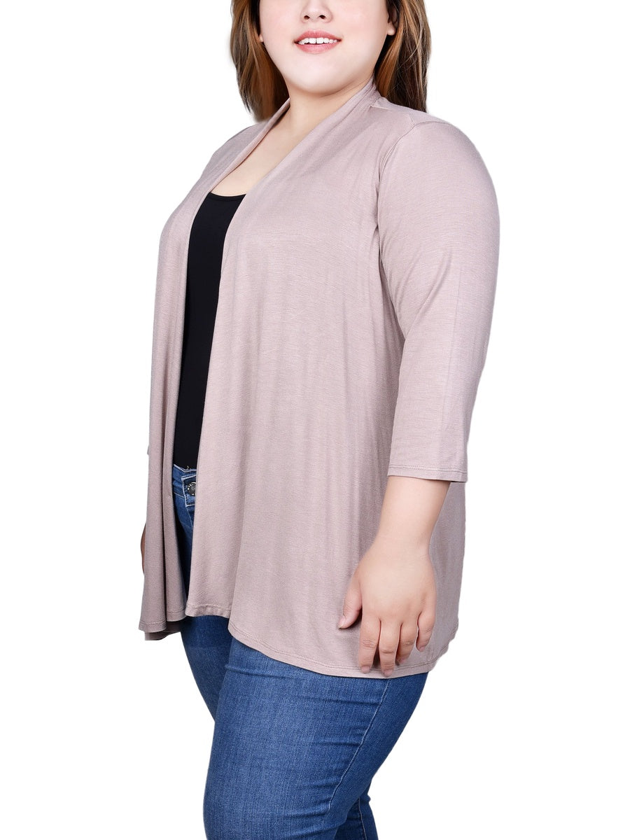  NY Collection Plus Size 3/4 Sleeve Solid Cardigan - Bridal Rose - Bonton