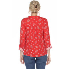 Women's Pleated Long Sleeve Leaf Print Blouse