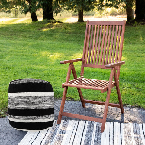 18" Black and White Striped Outdoor Woven Pouf Ottoman