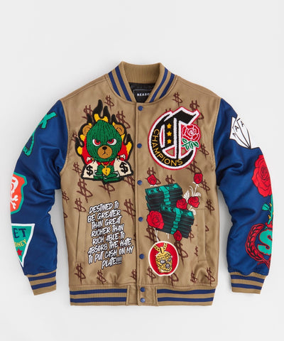 Paper Chaser Chenille Patched Varsity Jacket - Khaki