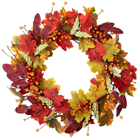 Leaves and Berries Artificial Fall Harvest Wreath - 20-Inch  Unlit