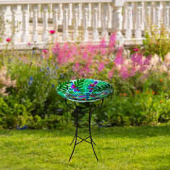 18" Colorful Dragonfly With Green Leaves Hand Painted Glass Outdoor Patio Birdbath