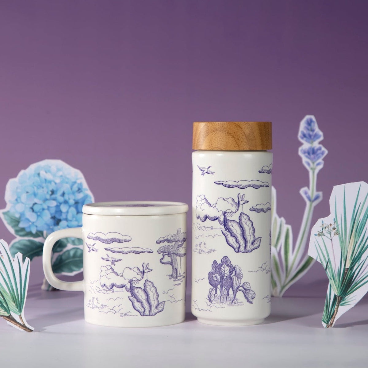  Acera Magic Garden Travel Mug & Mug Gift Set - White with Purple Decal - Bonton