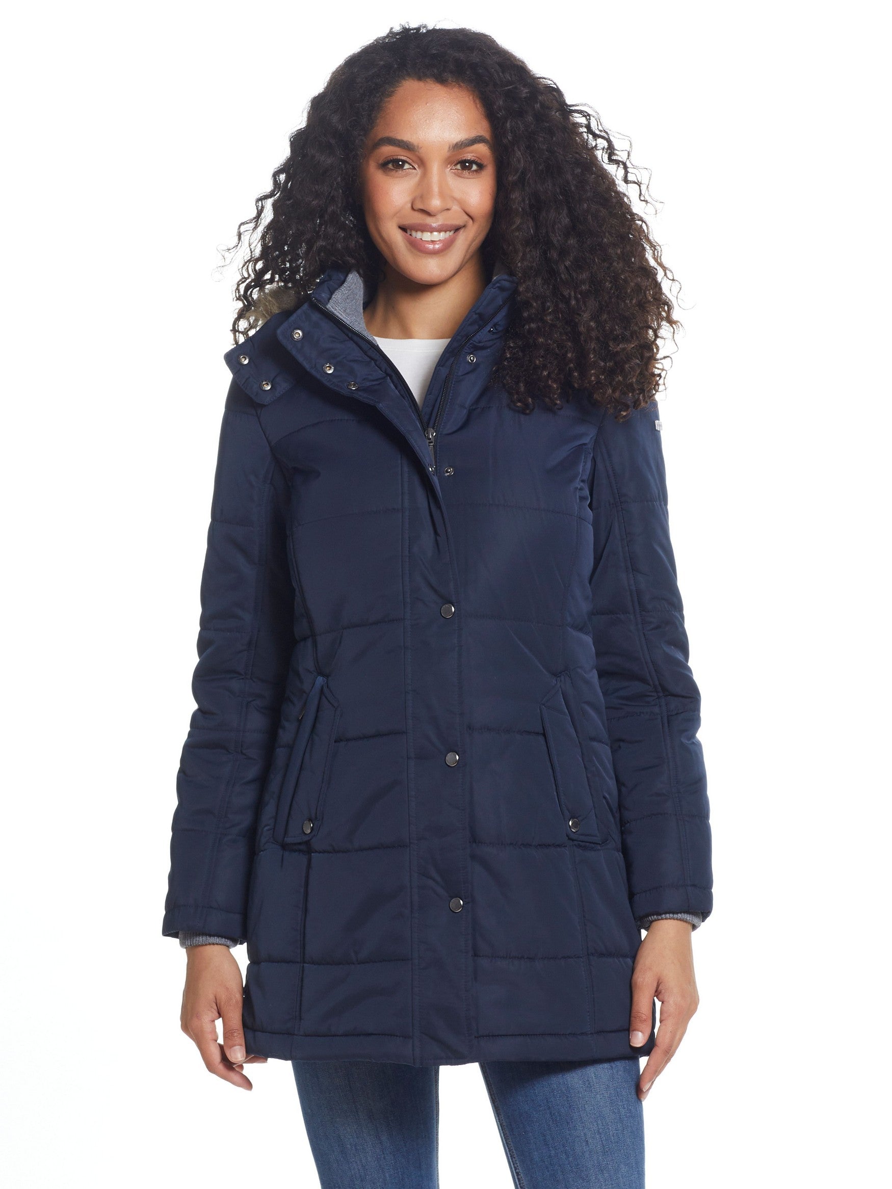  Weatherproof Faux Fur Trim Hooded Puffer Coat - Navy - Bonton