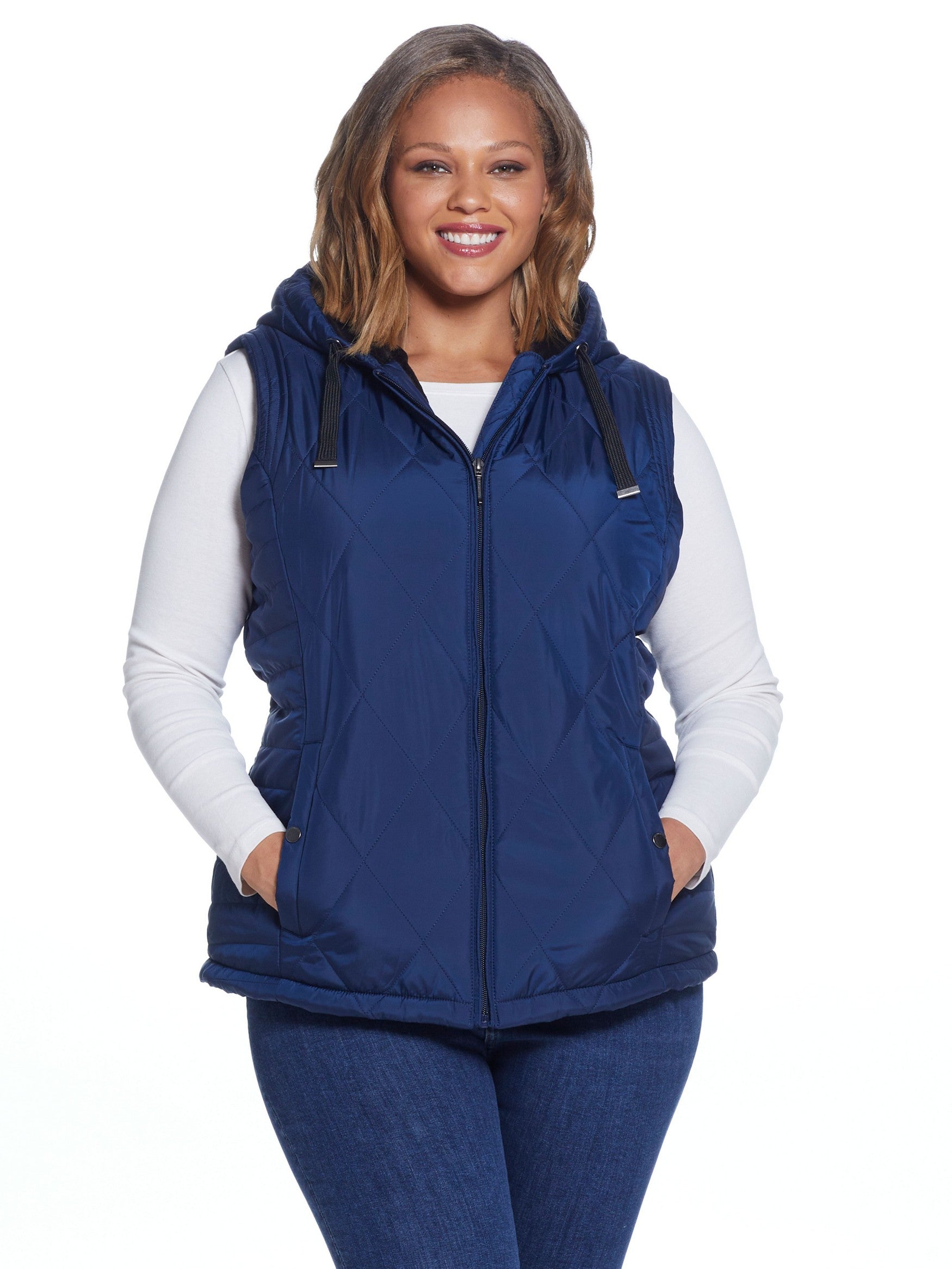  Weatherproof Plus Size Hooded Ladies Poly Quilted Vest - Navy - Bonton