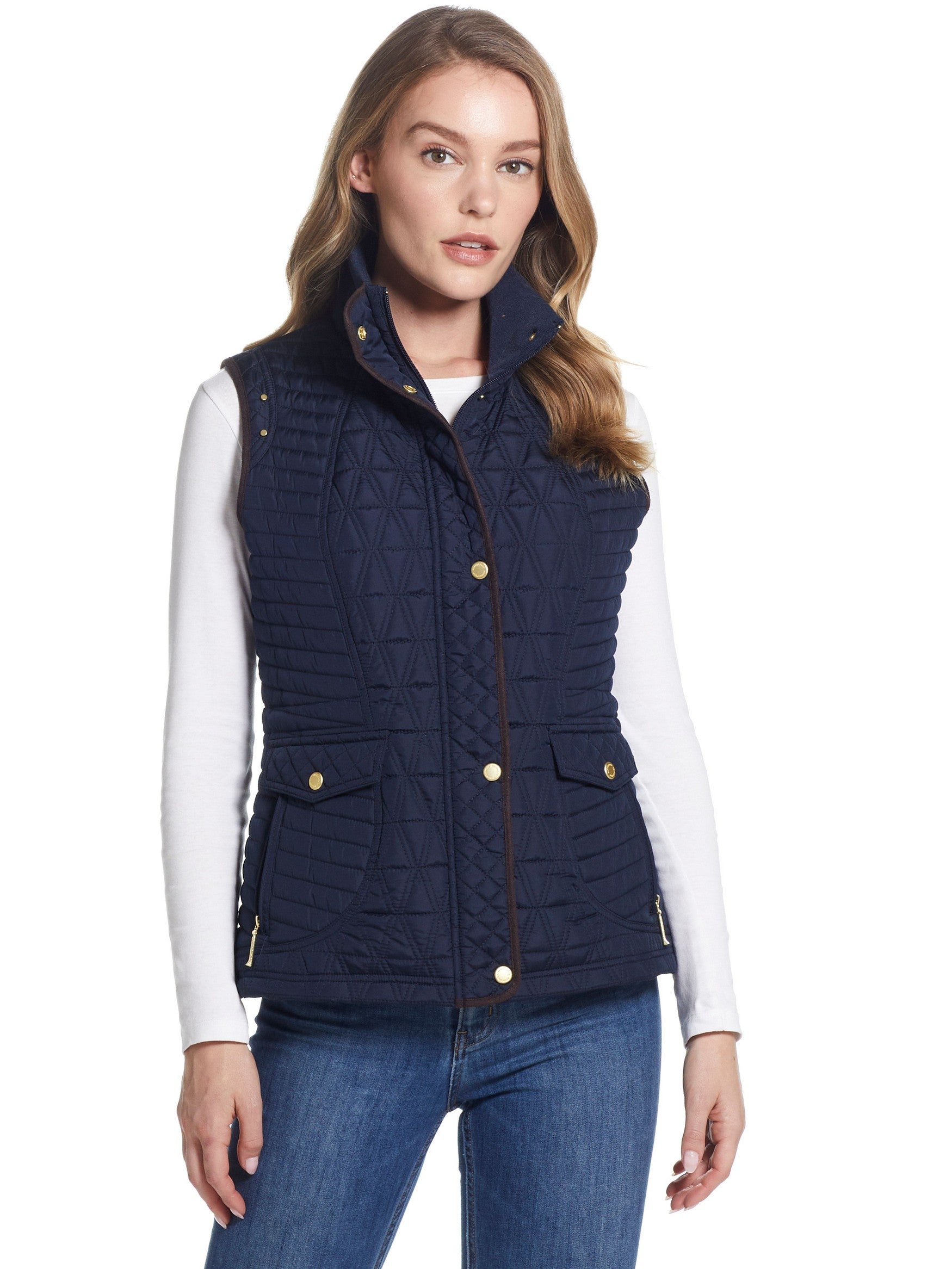  Weatherproof Ladies Quilted Snap Front Vest with 4 Pockets - Navy - Bonton