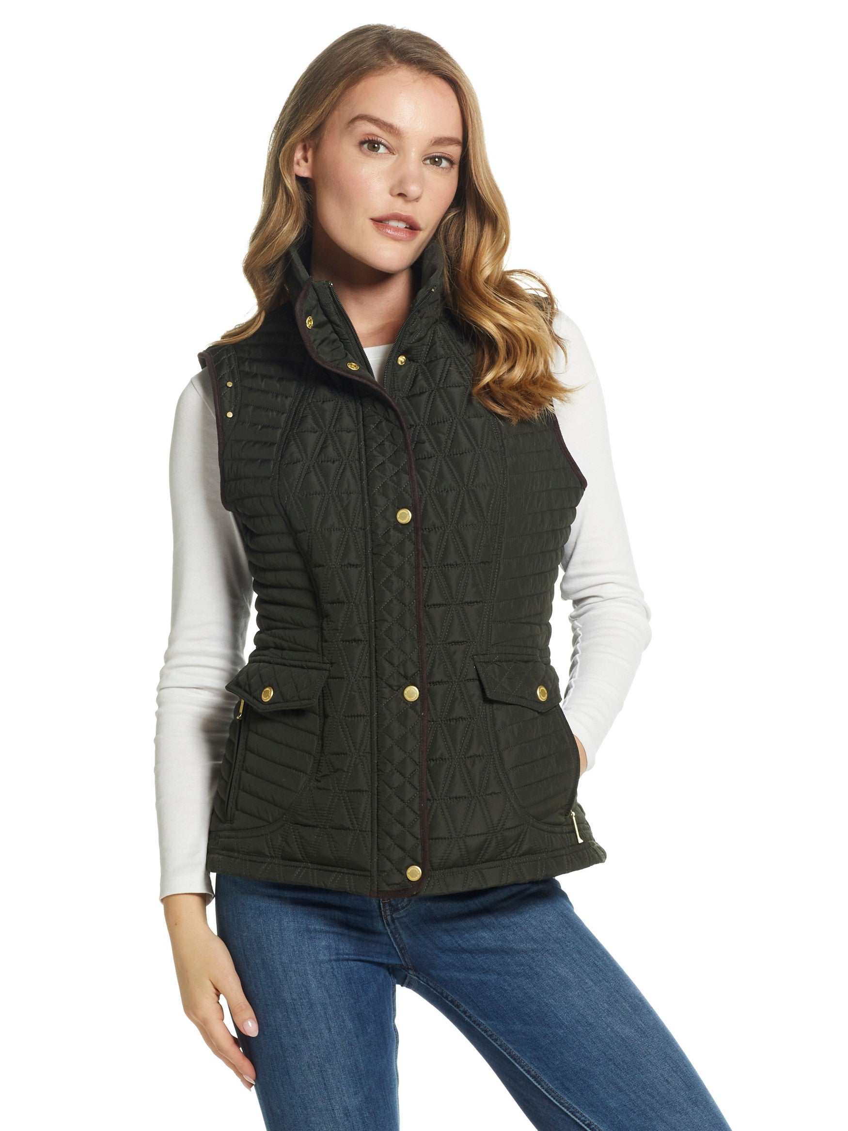  Weatherproof Ladies Quilted Snap Front Vest with 4 Pockets - Spruce - Bonton