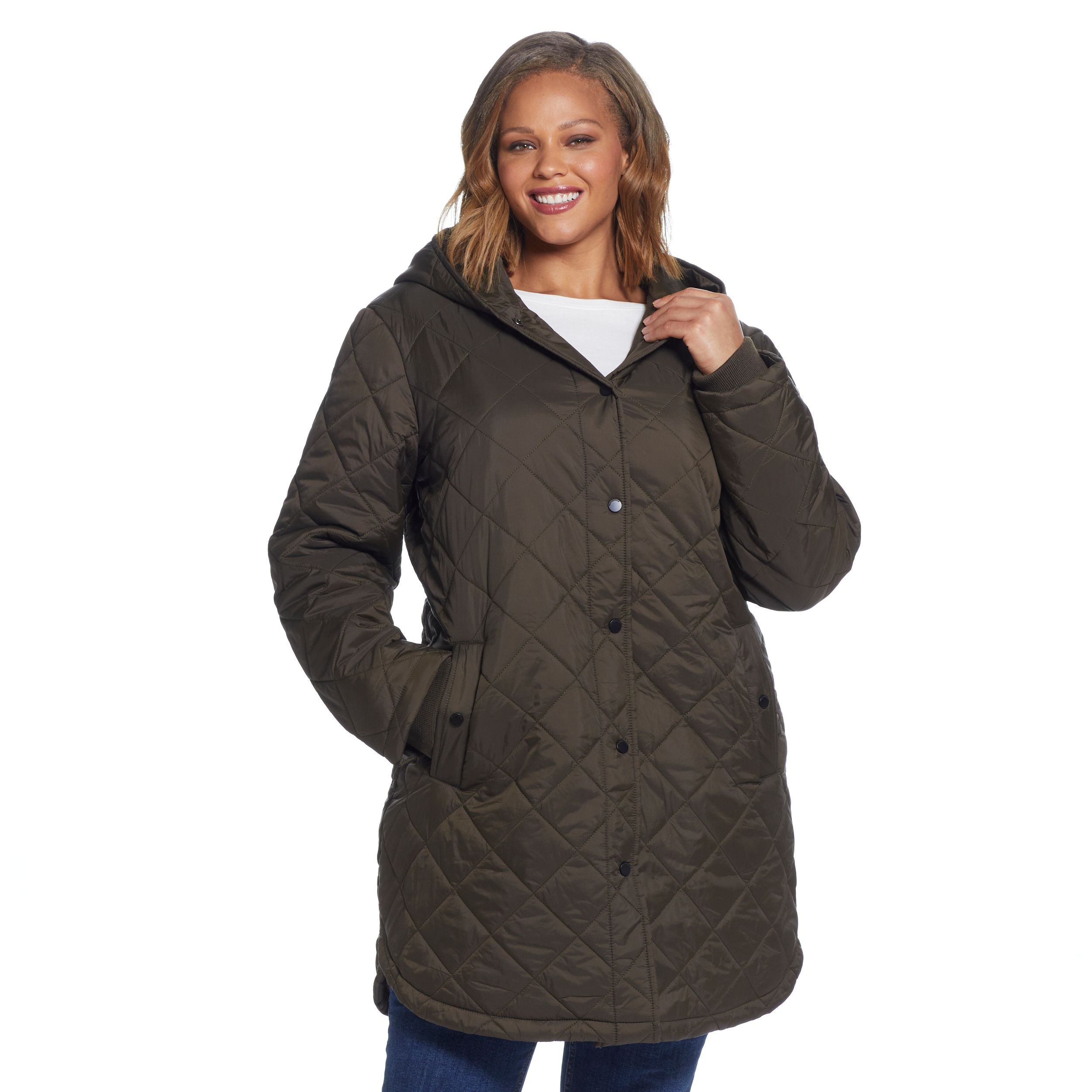  Weatherproof Plus Size Ladies Quilted Hooded Duffle Coat with Knit Cuff - Olive - Bonton