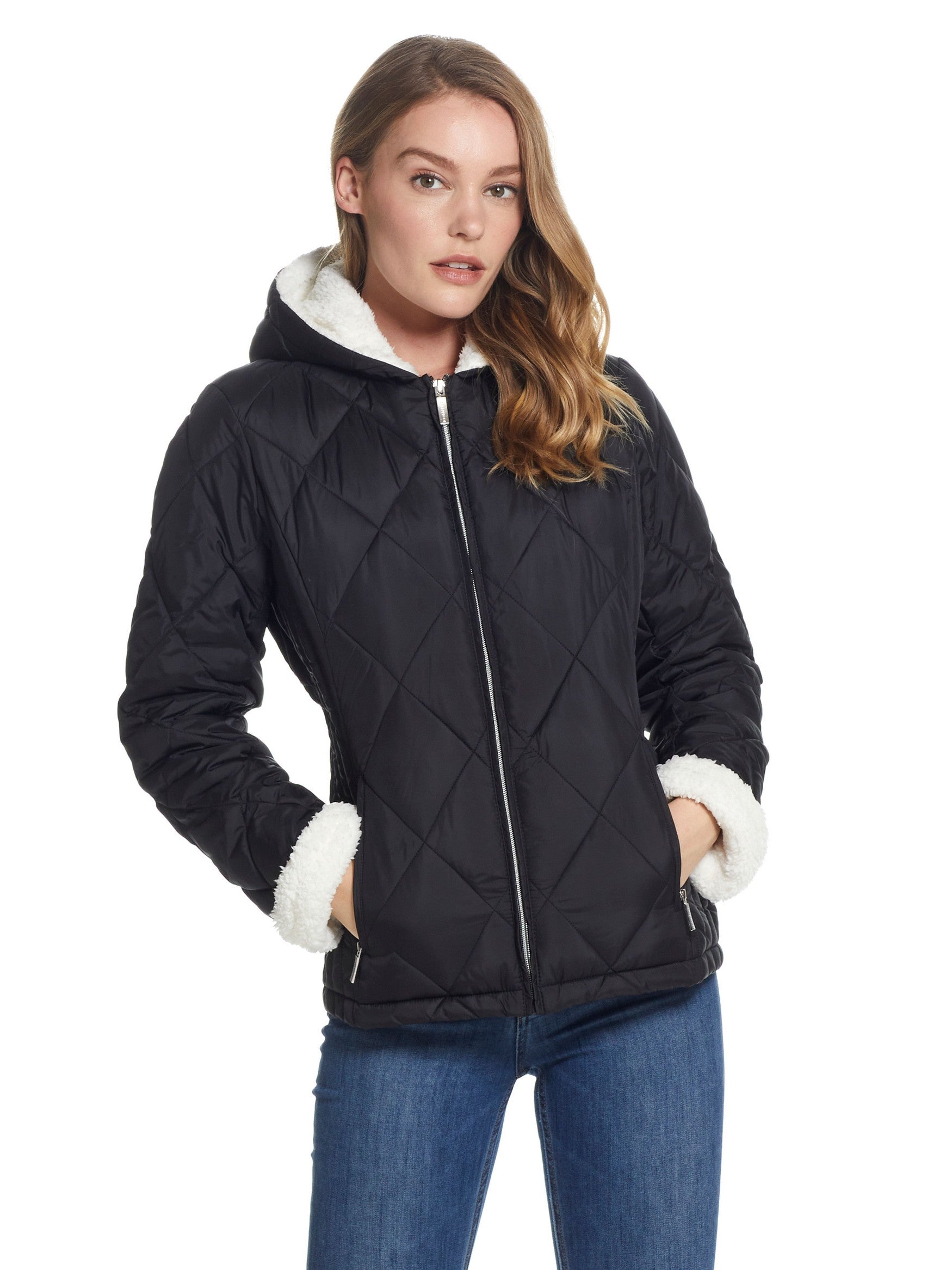  Weatherproof Sherpa Lined Hooded Ladies Quilted Jacket - Black - Bonton