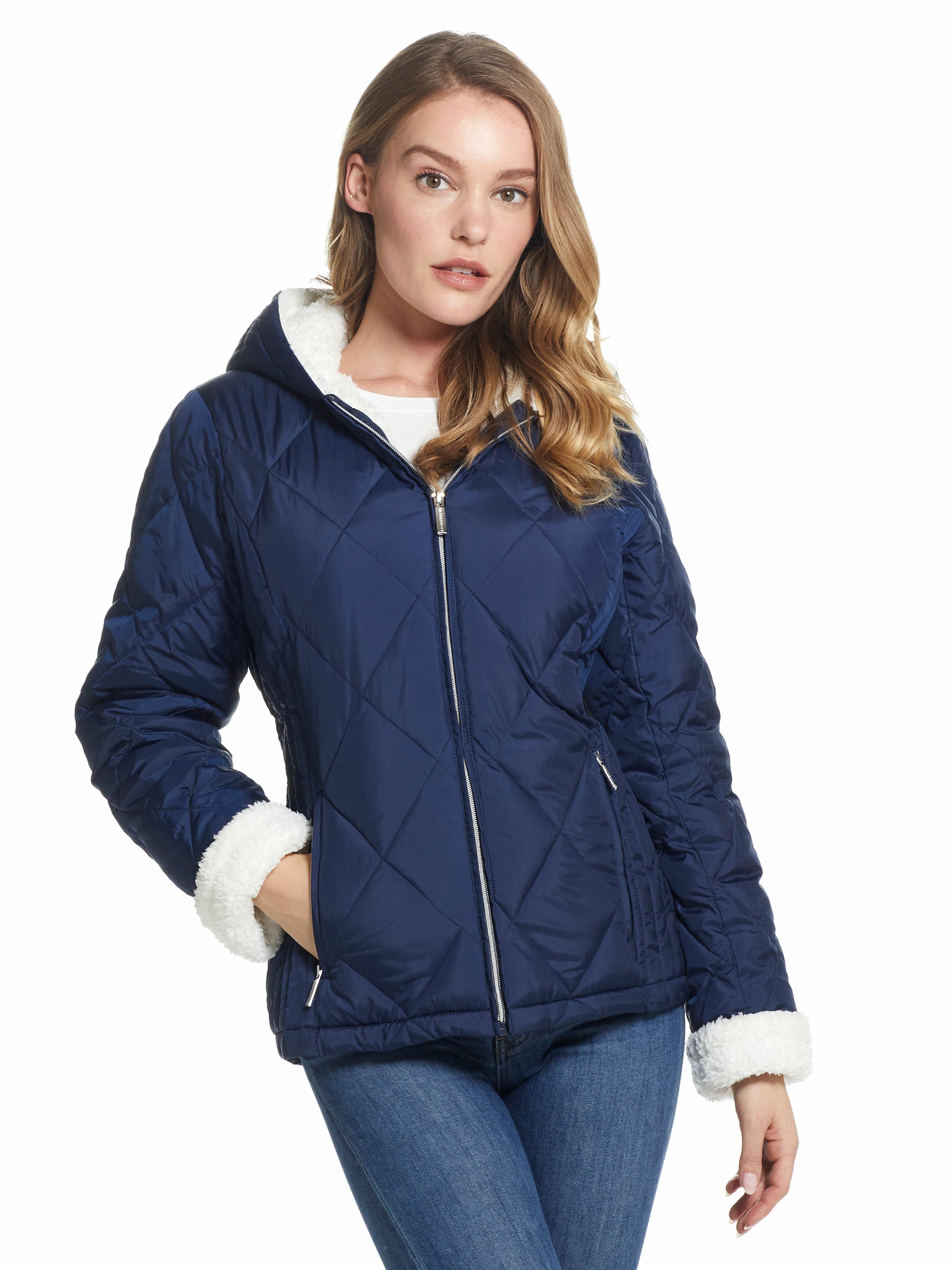  Weatherproof Sherpa Lined Hooded Ladies Quilted Jacket - Navy - Bonton