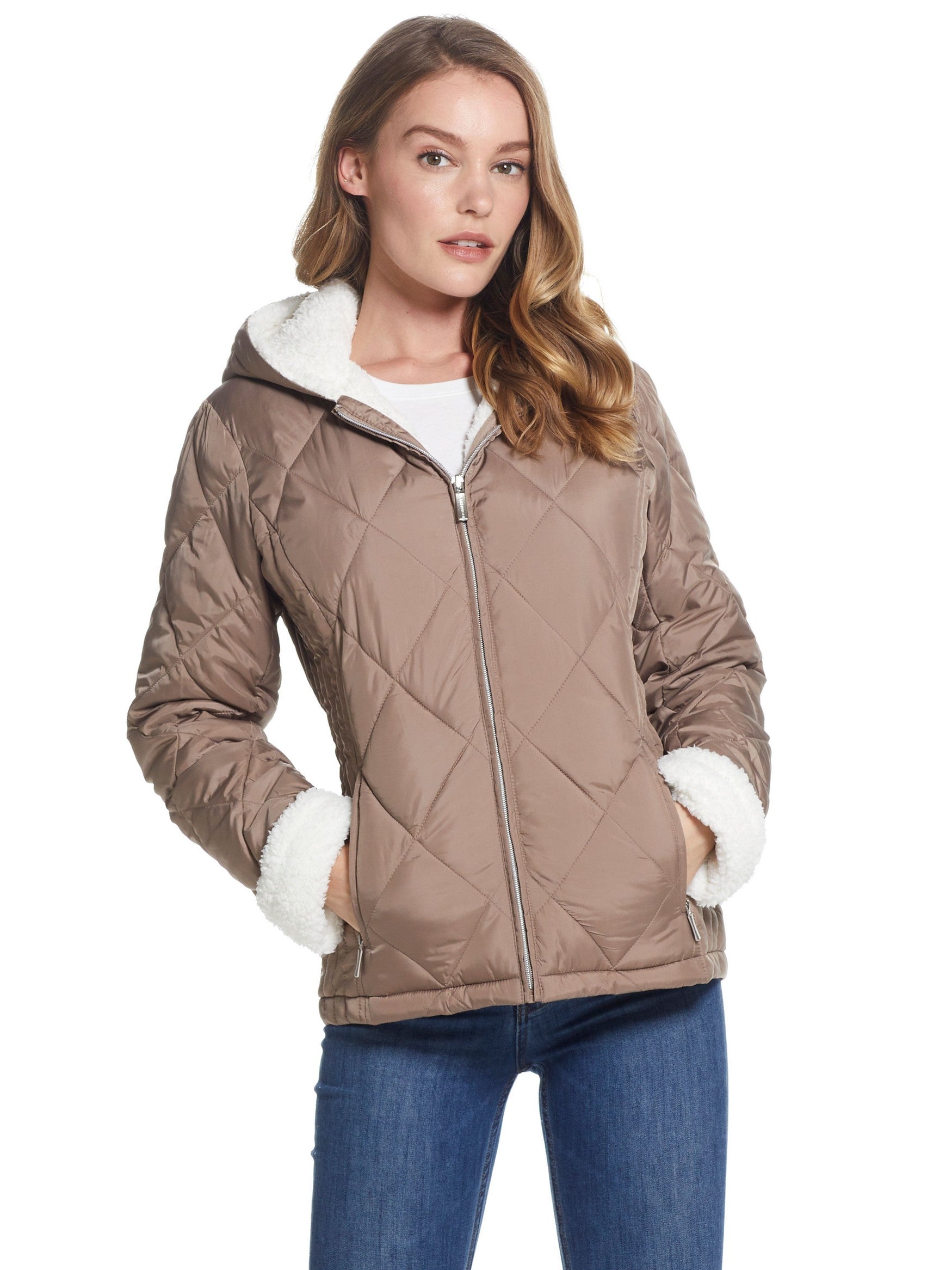  Weatherproof Sherpa Lined Hooded Ladies Quilted Jacket - Taupe - Bonton