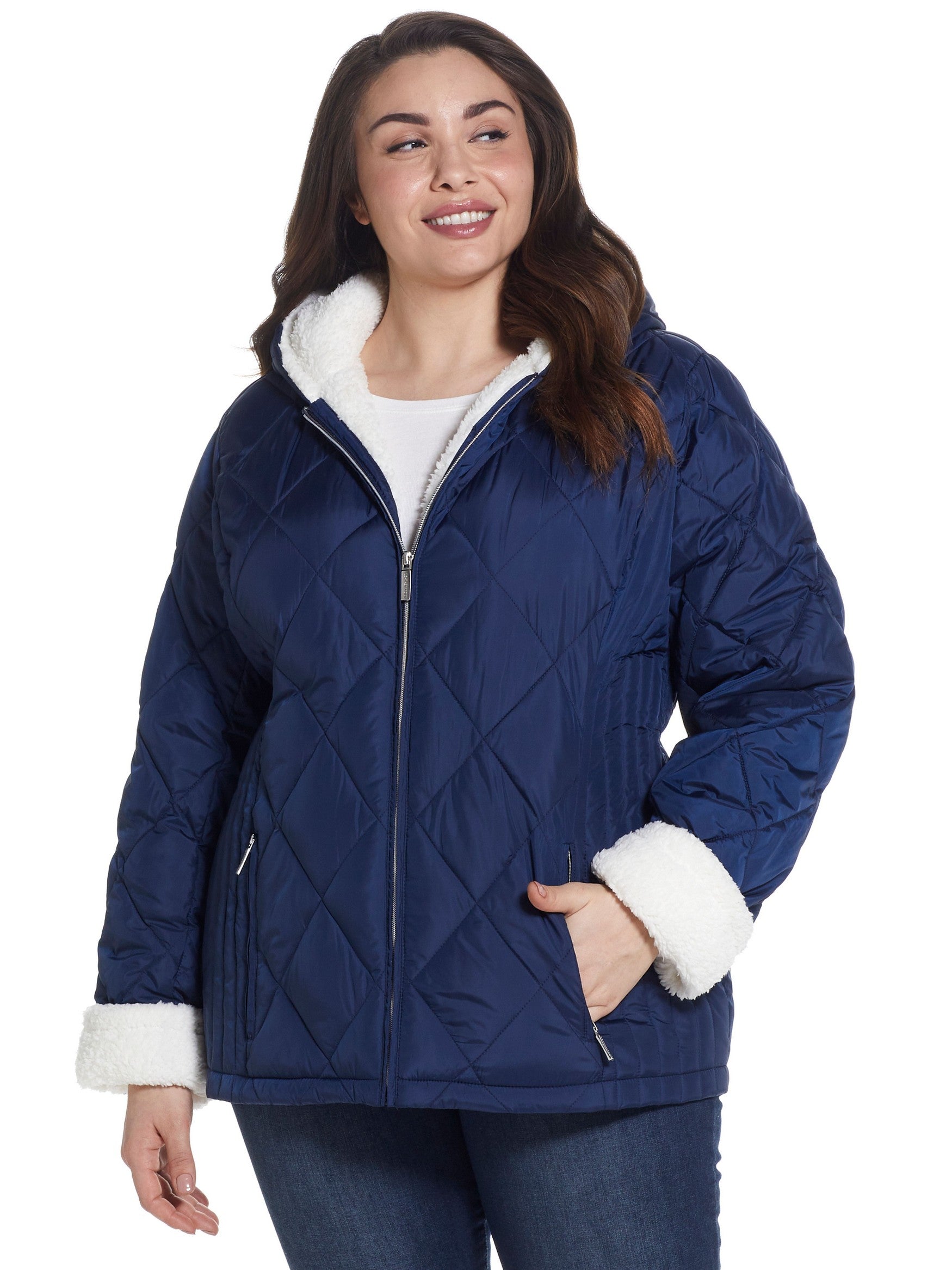  Weatherproof Plus Size Sherpa Lined Hooded Quilted Jacket - Navy - Bonton