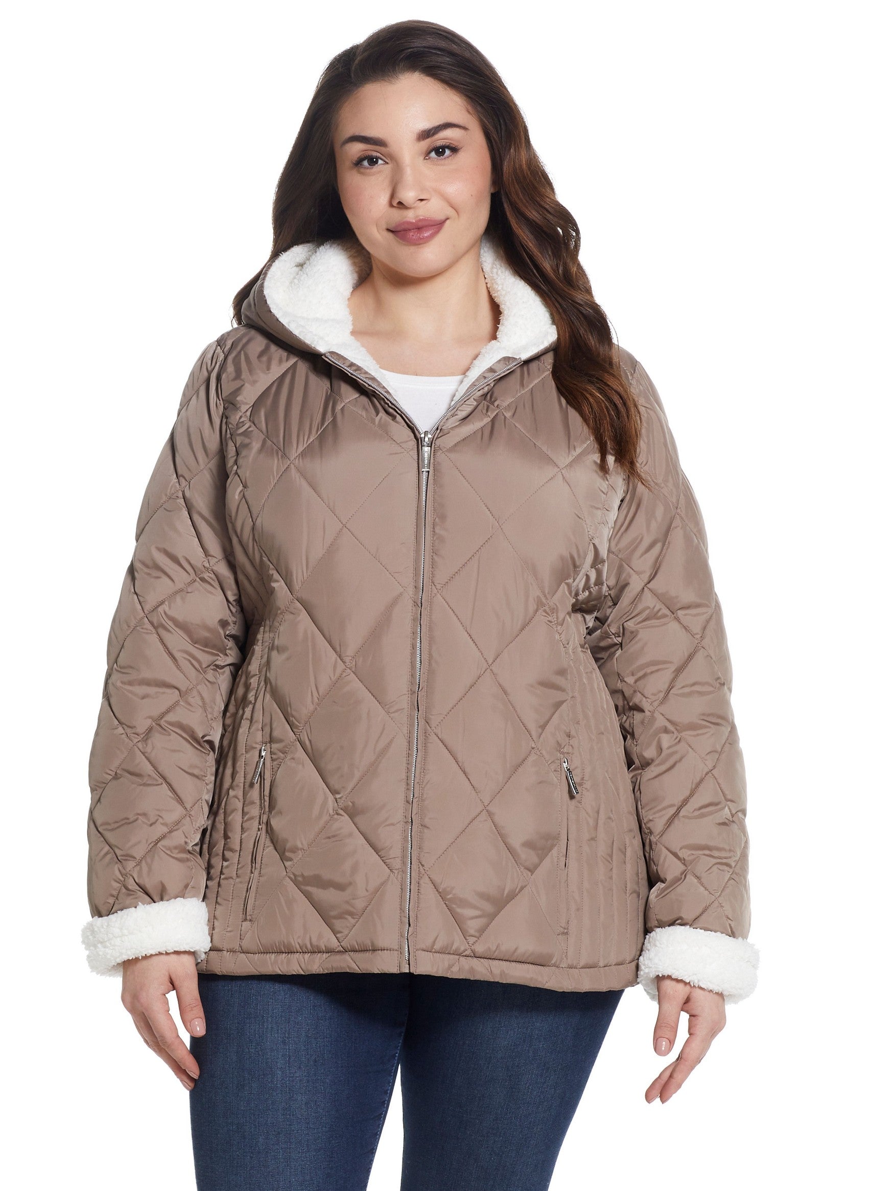  Weatherproof Plus Size Sherpa Lined Hooded Quilted Jacket - Taupe - Bonton