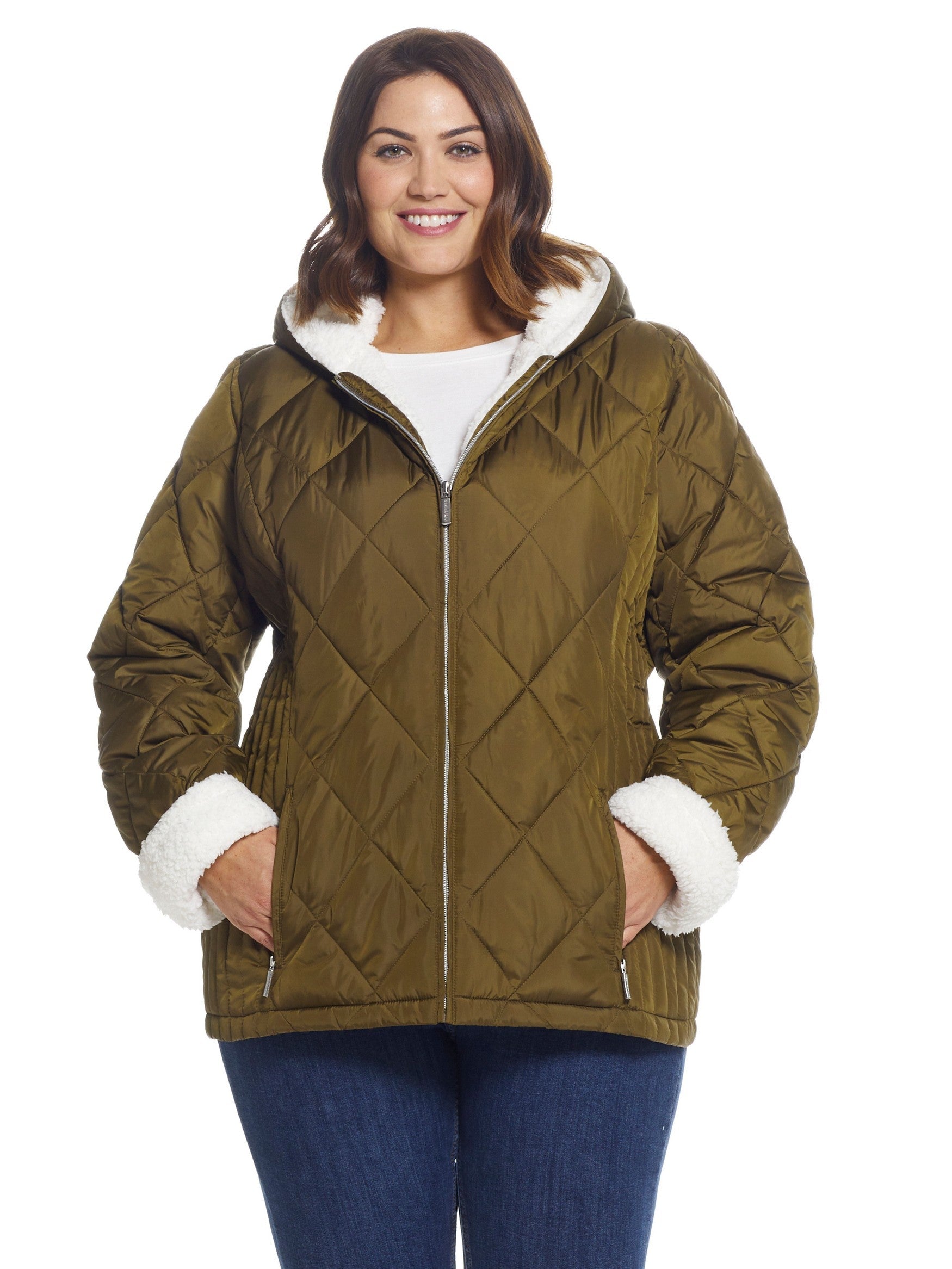  Weatherproof Plus Size Sherpa Lined Hooded Quilted Jacket - Loden - Bonton