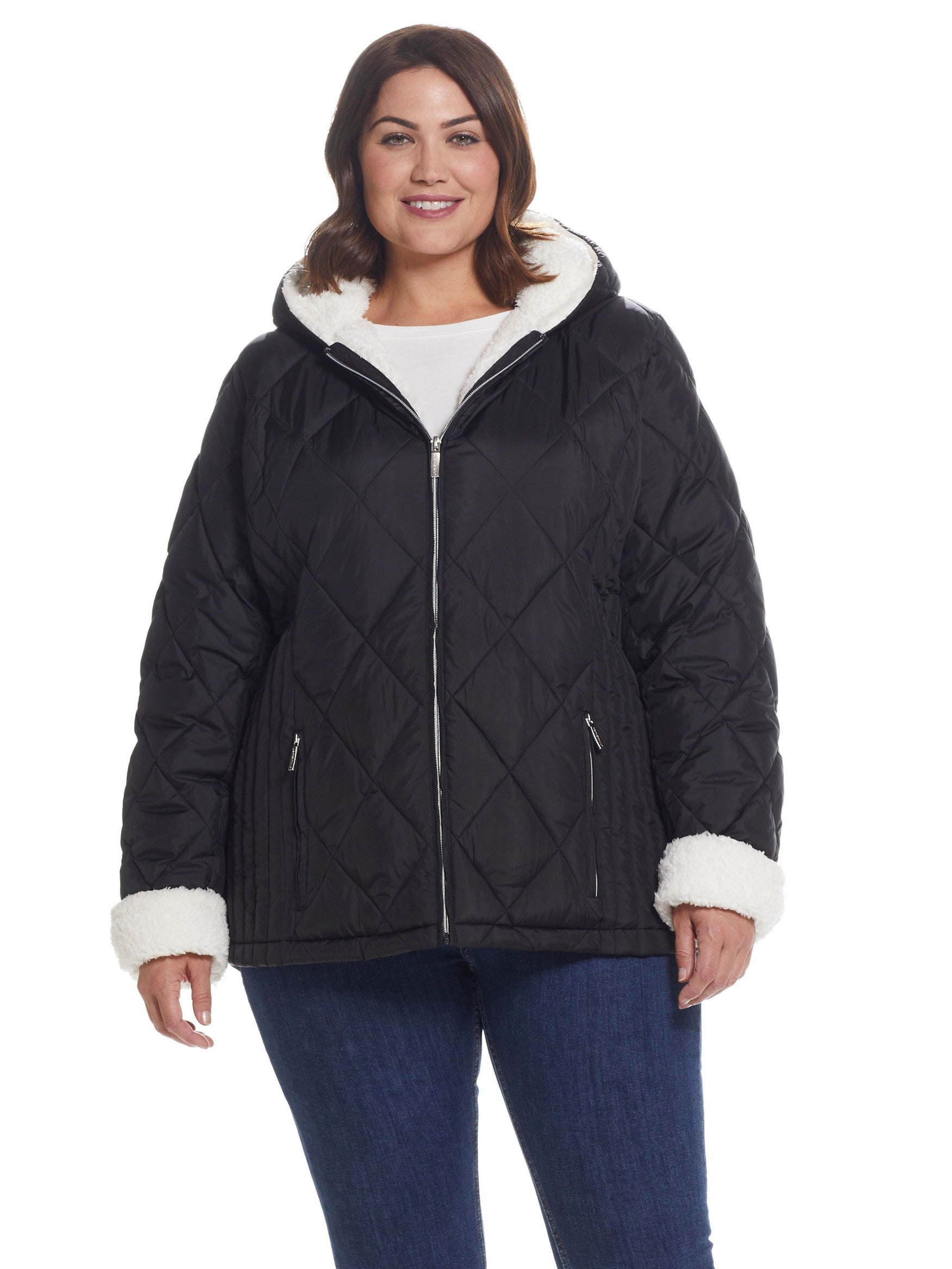  Weatherproof Plus Size Sherpa Lined Hooded Quilted Jacket - Black - Bonton