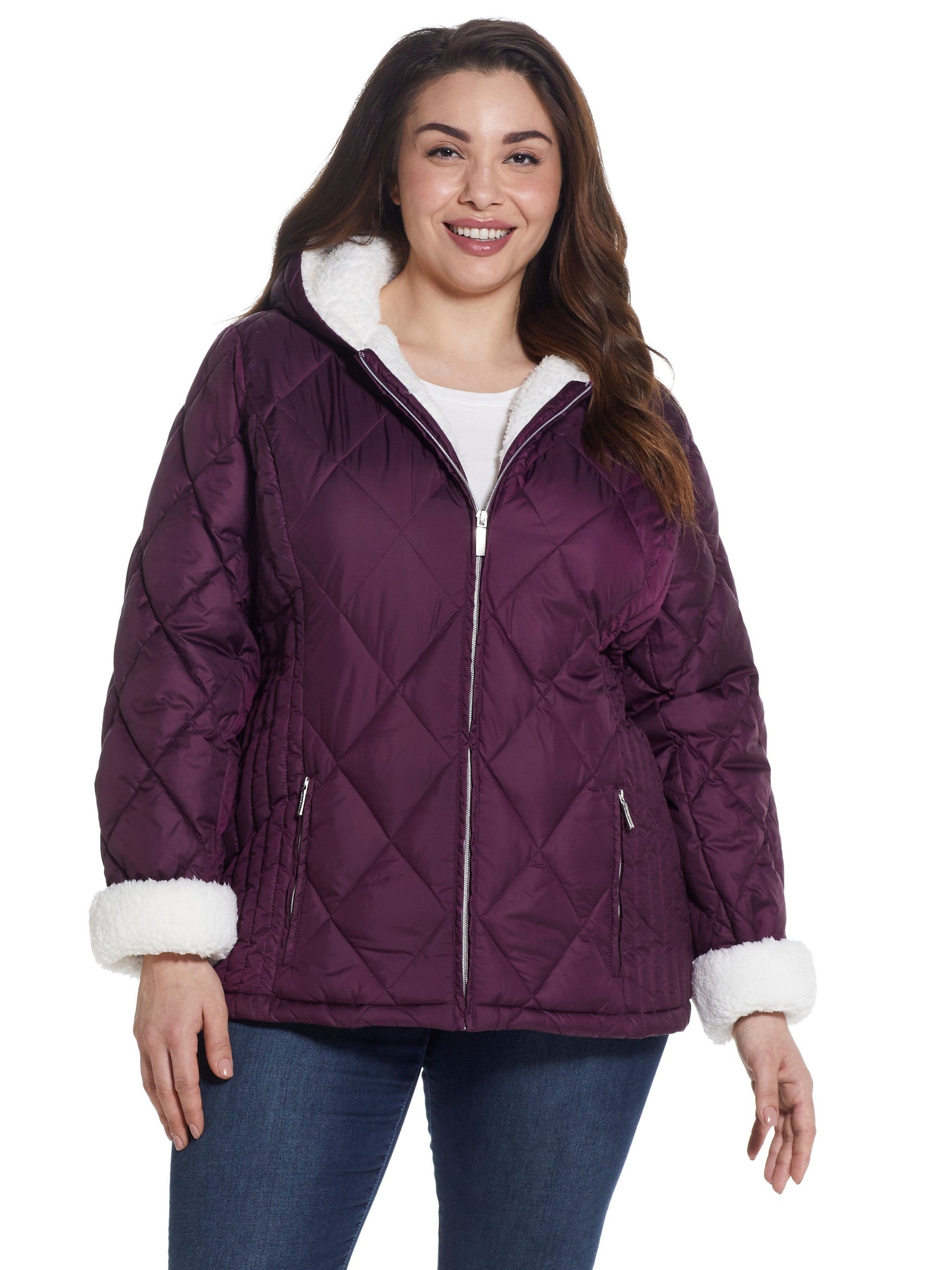  Weatherproof Plus Size Sherpa Lined Hooded Quilted Jacket - Crushed Berry - Bonton