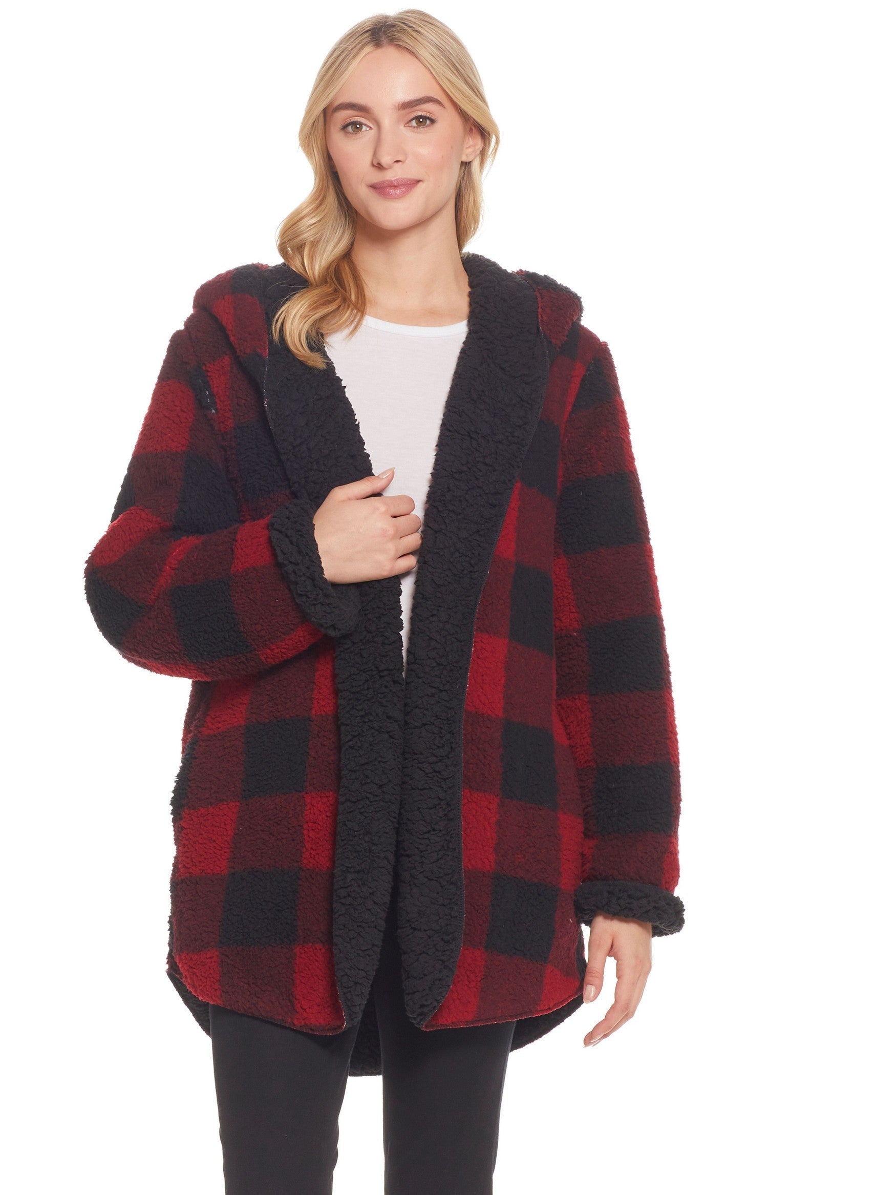  Weatherproof Ladies Hooded Sherpa Fleece Reversible Jacket - Red/Black Plaid - Bonton