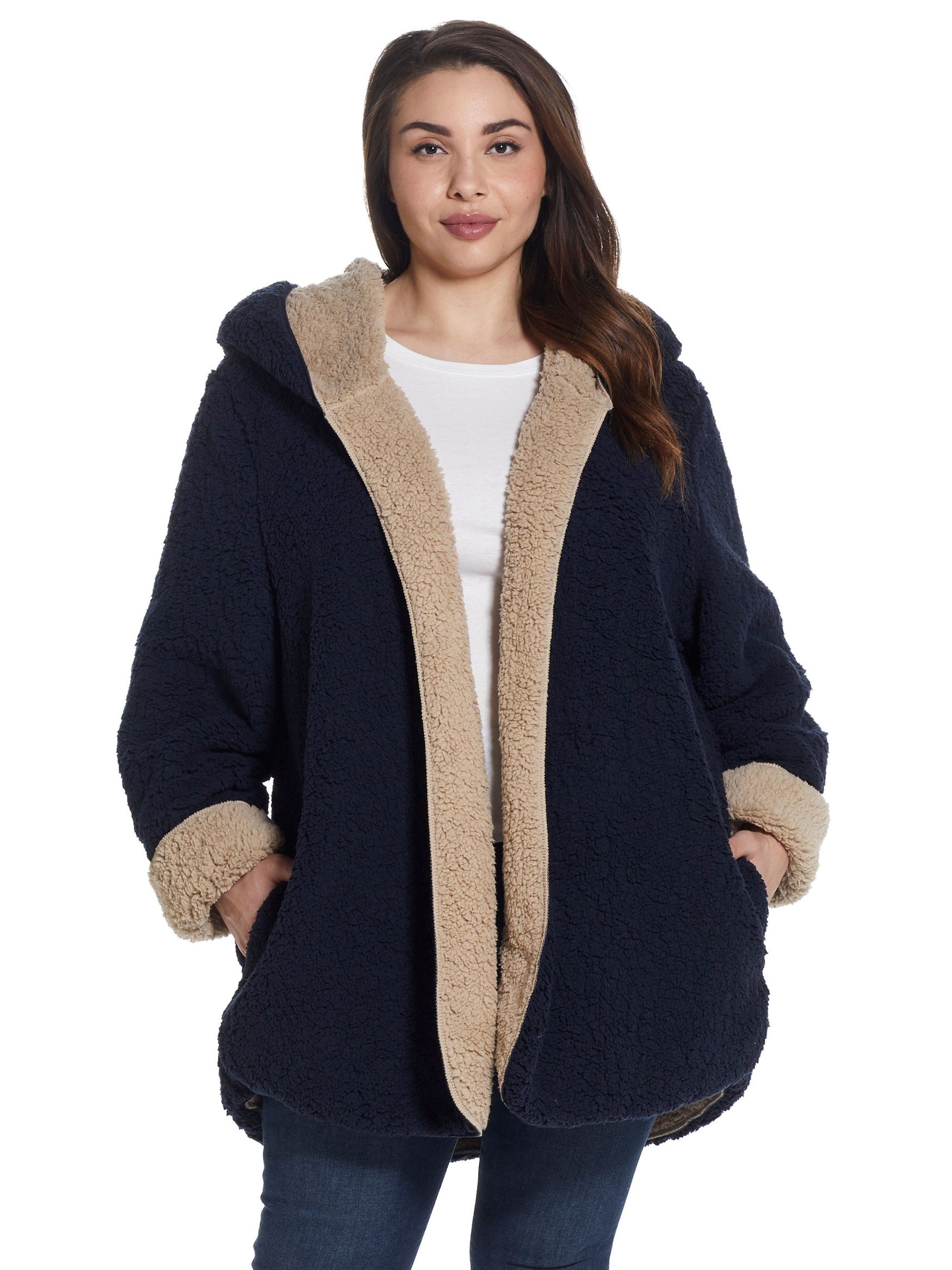  Weatherproof Plus Size Ladies Hooded Sherpa Fleece Reversible Jacket - Navy/Tan - Bonton